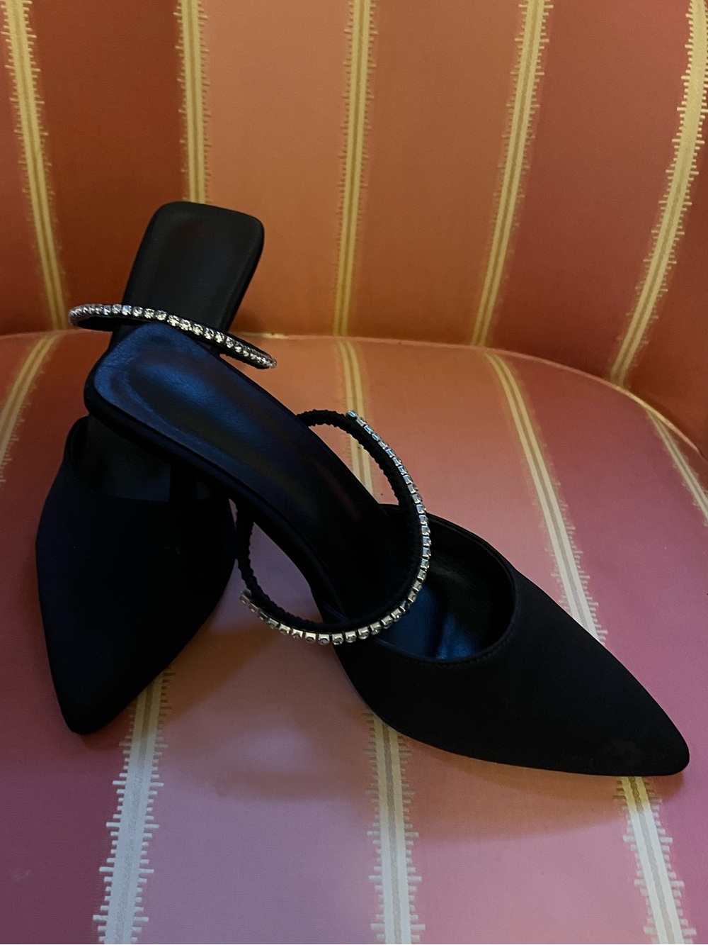 Black Satin Pointed Toe Mules with Rhinestone Strap Sz 40 / 9.5